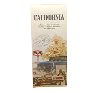 Cartão de viagem vintage Texaco, folheto dobrável, tema Califórnia, arte retrô dos anos 1970, história do automóvel