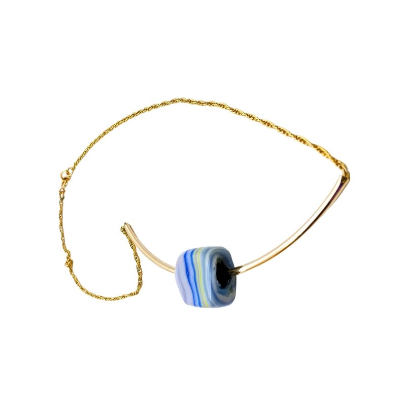 Curved Bar Bib Collar Necklace With Blue and Grey Striped Art Glass