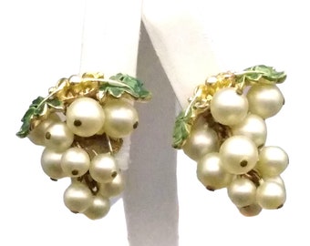Vintage Pearl Grape Cluster Earrings, Clip On Grapes with Green and Gold Enamel Leaves
