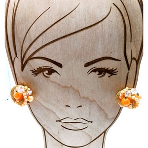 Vintage 1950s Beaded Clip On Earrings Orange and Gold Tone Mid Century Jewelry