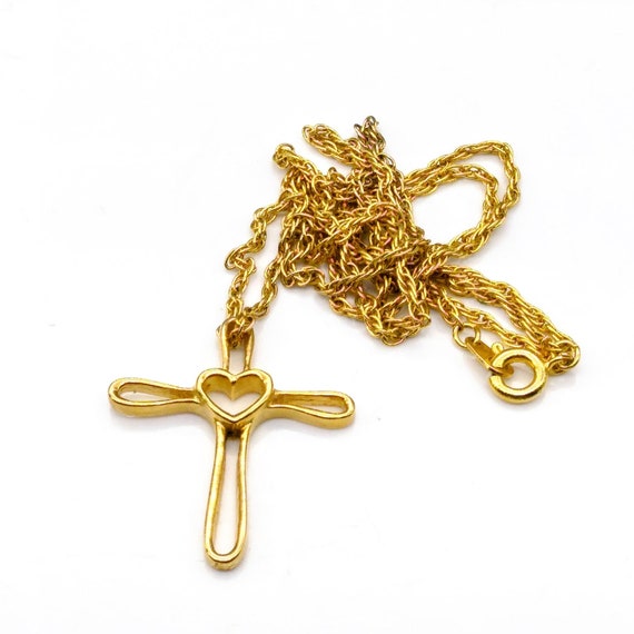 Vintage Open Heart Cross Pendant Necklace, Gold T… - image 2