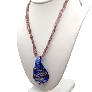 Dichroic Art Glass Modernist Pendant on Multi Strand Seed Bead Necklace, Vivid Colors Vintage Fashion