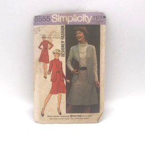 Vintage Sewing PATTERN Simplicity 6555, Misses 1974 Designer Fashion Vest and Dress with Bias Skirt, Size 16 Bust 38 Stretch Knits