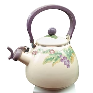May include: A cream-colored tea kettle featuring a painted design of purple grapes and green leaves. The kettle has a rounded body, a matching cream lid with a purple knob, a purple arched handle, and a purple whistle attached to the spout.