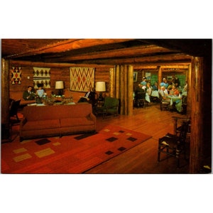 Cartolina vintage cromata Grand Teton, interni Jenny Lake Lodge, Parco Nazionale del Wyoming, retro diviso non pubblicato