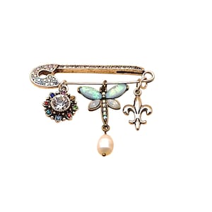 Vintage Glitzy Safety Pin Brooch with Charms Dragonfly Fleur-De-Lis & Pearl Rhinestone Accents