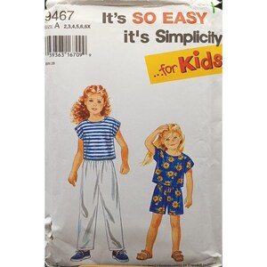 Simplicity 9467 Vintage Kids Sewing Pattern 2-6X Easy Pullover Tops & Pants/Shorts 1980s