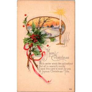Cartolina di Natale vintage degli anni '10 con scena di agrifoglio e candele
