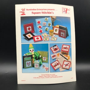 Wzory do haftu krzyżykowego Vintage, ulotka Square Stitchins 7, BumbleBee Enterprises 1982, wzory wykresowe dla pudełek z magnesami z pleksiglasu, przyciskami do papieru