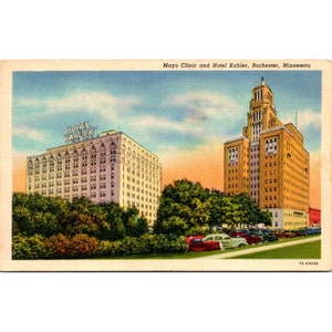 Stara pocztówka z Minnesoty, Mayo Clinic i Hotel Kahler Rochester, dzielona tylna część