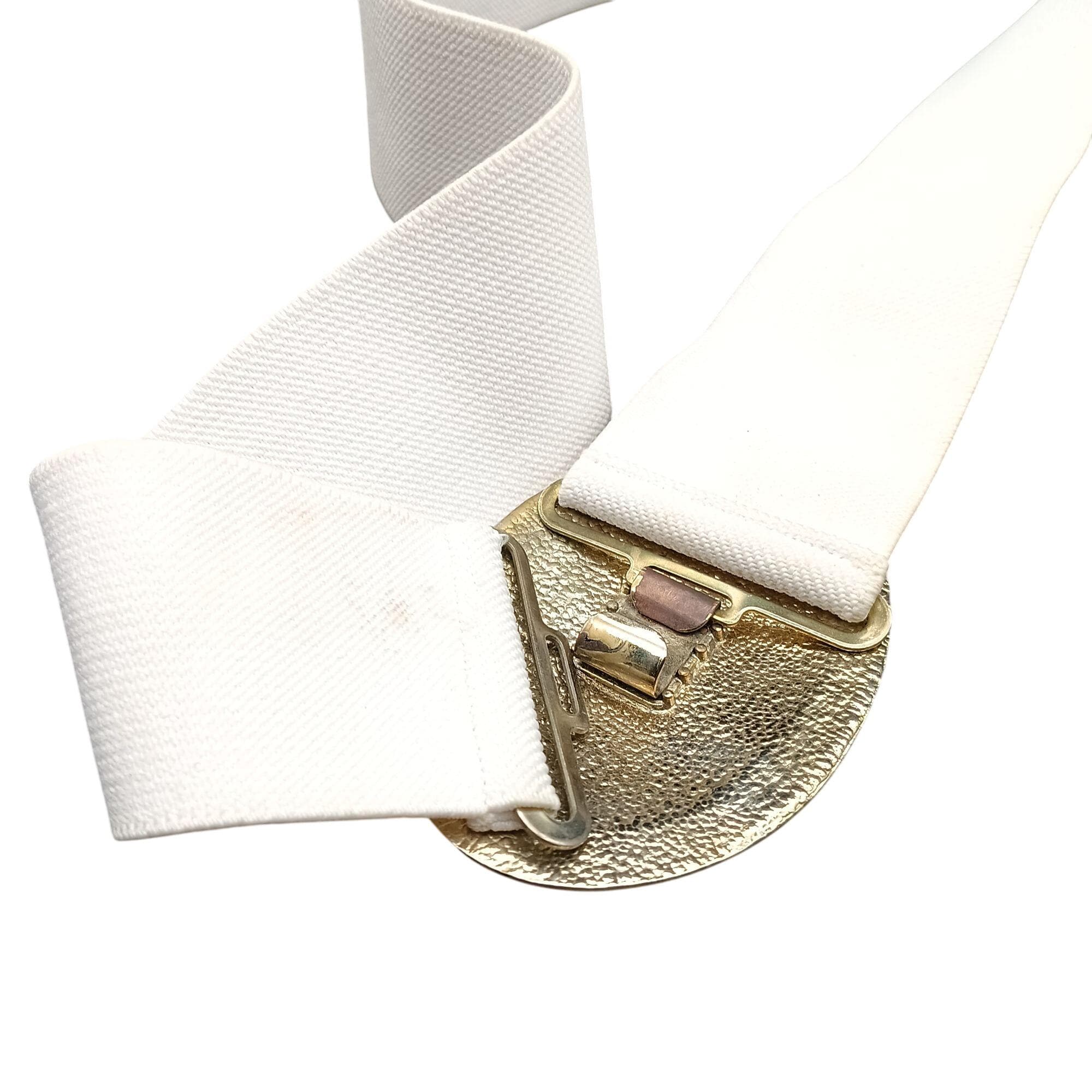 White Elastic Belt With Gold & Cream Enamel Swirl Buckle 