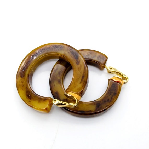 Marbled Brown Acrylic Hoop Earrings, Basic Vintag… - image 1