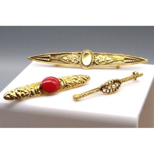 Vintage Brass Repousse Bar Lapel Collar Pins, Elegant Brooch Lot of 3