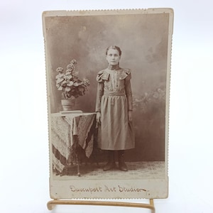 Gabinete de estúdio de arte antigo de Davenport, cartão, fotografia de menina em vestido vitoriano com fundo de plantas