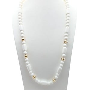 Vintage Trifari White Beaded Necklace with Gold Tone Resin Knot Accents