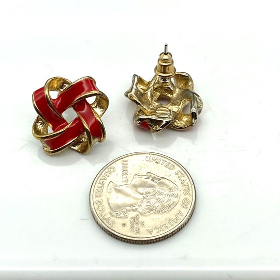 Red and Gold Knot Earrings, Vintage Gold Tone and… - image 4