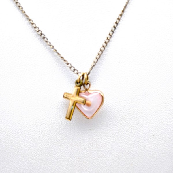 Lucite Encased Mustard Seed and GF Cross Charm Pendants on Vintage Chain Necklace, Heart Shaped Faith and 12K Gold Fill