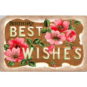 Postal de cumpleaños vintage con diseño floral y mensaje de mejores deseos