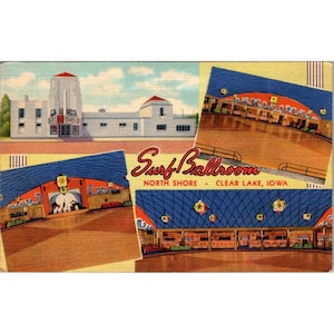 Stara pocztówka z lnu z Iowa, Surf Ballroom North Shore Clearlake Iowa, podzielona na dwie części, opublikowana w 1942 r. Historyczny punkt orientacyjny Rock & Roll Hall of Fame