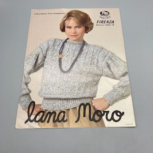 May include: A knitting pattern for a blue and white sweater with a brushed and print combination. The pattern is called "Firenza" and is from Lana Moro. The pattern number is 068-74.
