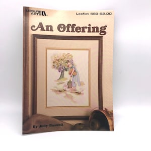 Wzory do haftu krzyżykowego Vintage, oferta Judy Buswell, ulotka Leisure Arts 583, broszura do robótek ręcznych 1987