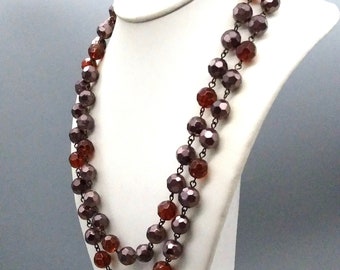 Autumn Colors Faceted Crystal Necklace, Muted Sparkle in Orange and Brown Beads, Long Strand can be worn Double