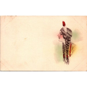 Cartão postal antigo pintado à mão de Cobb Shinn, índia índia dividida nas costas, povos indígenas nativos americanos