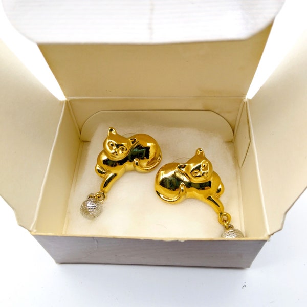 Vintage Avon Frolicking Feline Kitten with Ball of Yarn Dangle Earrings, NIB Gold Tone with Silver Tone Drop, Adorable Pet Cat Lover Studs