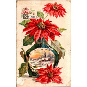 Carte postale vintage Joyeux Noël avec poinsettias et vase pittoresque