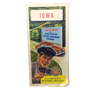 Vintage Iowa Straßenkarte 1950er Jahre mit Sinclair Gasoline Branding & bildlichem Stadtführer