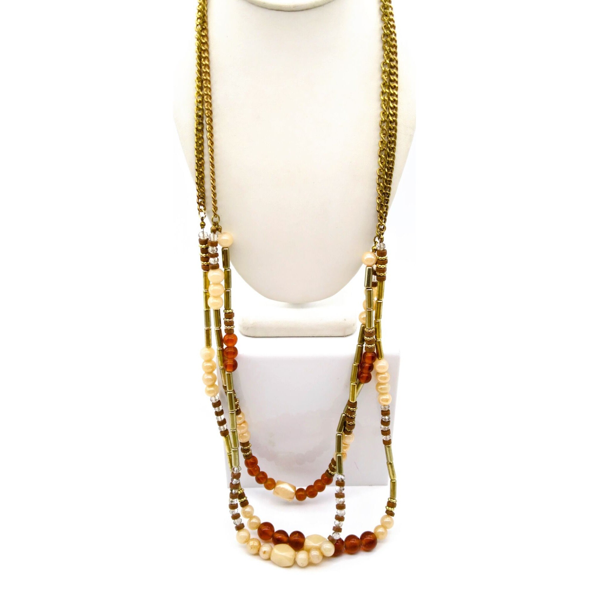 Collier Plastron Ancien Triple Rang Perles Noires Facettées - Laiton Et Verre - Occasion