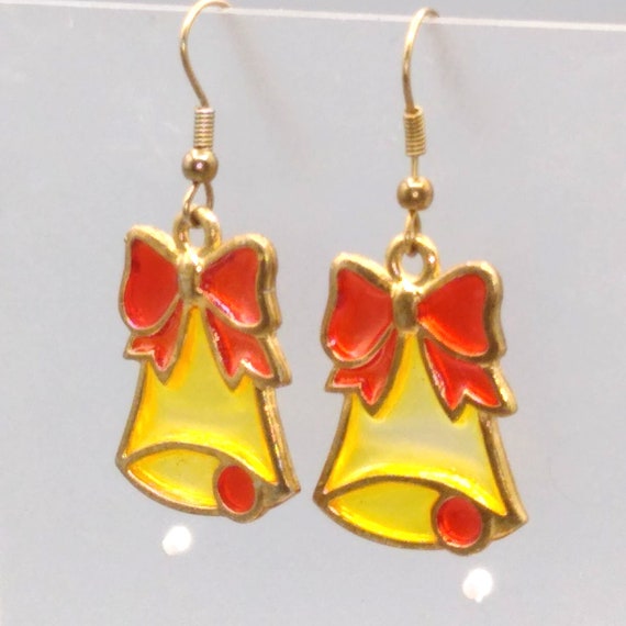 Vintage Plique a Jour Christmas Bell Earrings, Go… - image 3