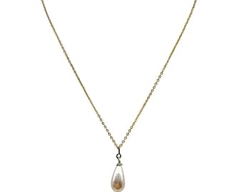 Vintage Gold Chain Necklace With Teardrop Pearl Pendant