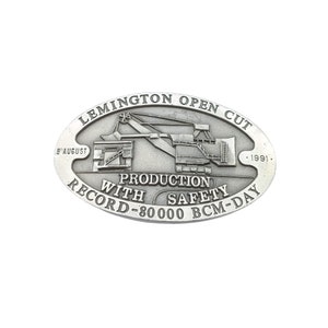 Vintage Safety Record Belt Buckle, Australian Lemington Open Cut Mine 1991 Mining Down Under, Buckingham Pewter