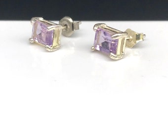 Vintage Sterling Silver Solitaire Earrings with Baguette Cut Amethyst on 925 Studs