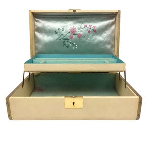 Vintage Farrington Schmuckschatulle mit gesticktem Deckel und blauem Innenraum