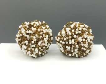 Seed Bead Party Puff Earrings, Vintage White and Gold Clip On