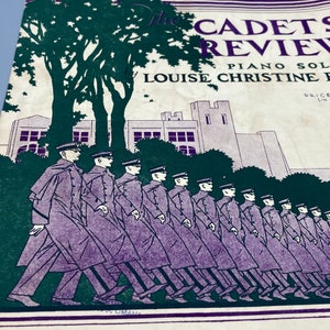 May include: A vintage sheet music cover for "The Cadets Review" by Louise Christine Drice. The cover features a line of purple-clad cadets marching in front of a building with a tower.