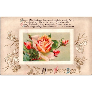 Vintage 1914 Postkarte mit Blumenmuster & Geburtstagsgedicht Von H.M. Brennseite