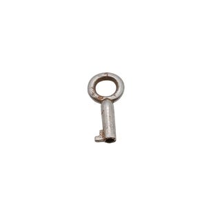 May include: A small, metallic silver-toned key with a circular bow and a short, cylindrical shank. The metal surface shows signs of oxidation and wear, with visible brownish rust patches around the bow and the bit of the key.