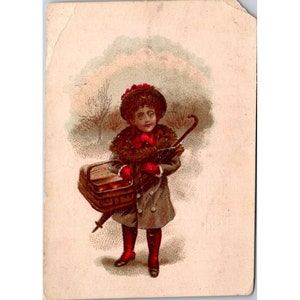 Andrew Hay Trade Card Antike Werbung Musikgeschäft Chromolithograph Viktorianisches Mädchen mit Regenschirm-Mantel und Korb mit Orangen