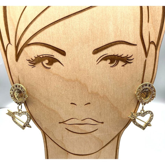 Vintage Love Dangle Stud Earrings, Gold Tone Oval… - image 1
