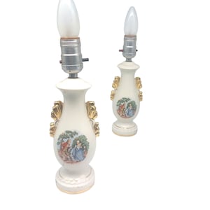 Vintage Glazed Gilded Porcelain Lamp Pair, Table Lighting Decor, Classic French Victorian Boudoir, Fragonard Romantic Courting Couple
