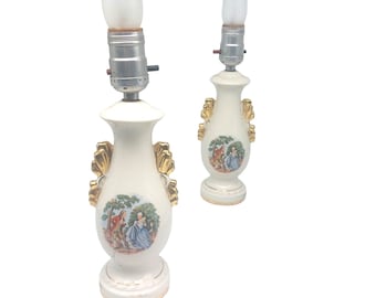 Vintage Glazed Gilded Porcelain Lamp Pair, Table Lighting Decor, Classic French Victorian Boudoir, Fragonard Romantic Courting Couple