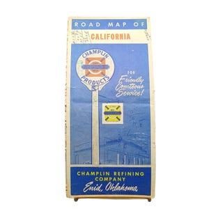 Vintage 1940er Jahre Champlin Motor Oil Straßenkarte von Kalifornien Hochleistungsöldesign