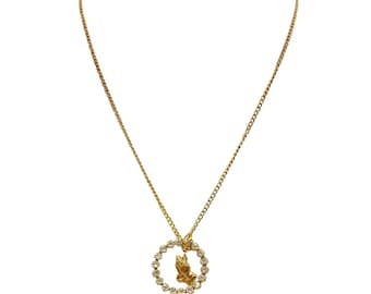 Gold Plated Praying Hands Vintage Necklace with Rhinestone Circle Pendant