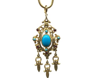 Vintage Celebrity Pendant Necklace, Faux Turquoise Cabochon and Red Crystal, Ottoman Pendant with Gold Tone Dangles on Golden Snake Chain