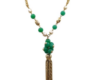 Possible Unsigned Haskell Baroque Pearl and Green Peking Glass Beads Tassel Necklace, Vintage Fashion, Rare Piece