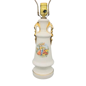 Vintage Glazed Gilded Porcelain Lamp, Table Lighting Decor, Classic French Victorian Boudoir, Romantic Courting Couple