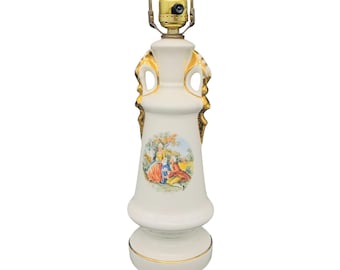 Vintage Glazed Gilded Porcelain Lamp, Table Lighting Decor, Classic French Victorian Boudoir, Romantic Courting Couple